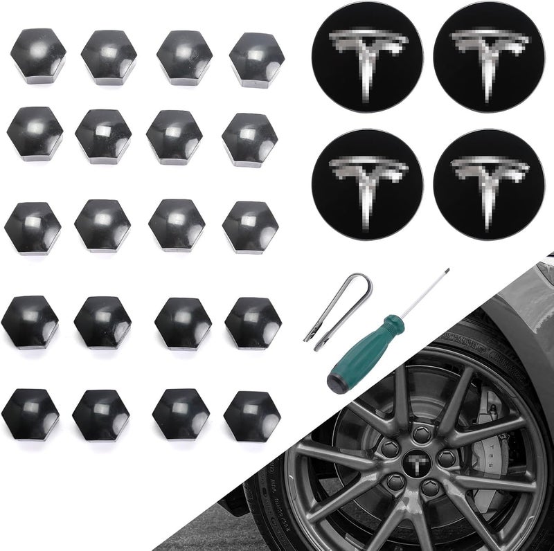 ROCCS Compatible with Model 3 S X Set Aero Wheel Cap Kit  Center Logo Emblem Modification Hub Cover with Cap Lug Nut Cover  Silver - Image 1